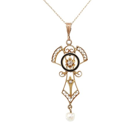 Lavalier Necklace with a Diamond in a buttercup Setting and Pearl and Enamel Accents   j7661